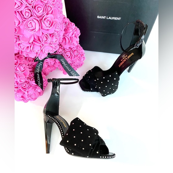 SAINT LAURENT FREJA BLACK SUEDE BOW CRYSTAL STRASS OPEN TOE SANDAL SHOES - Picture 2 of 9